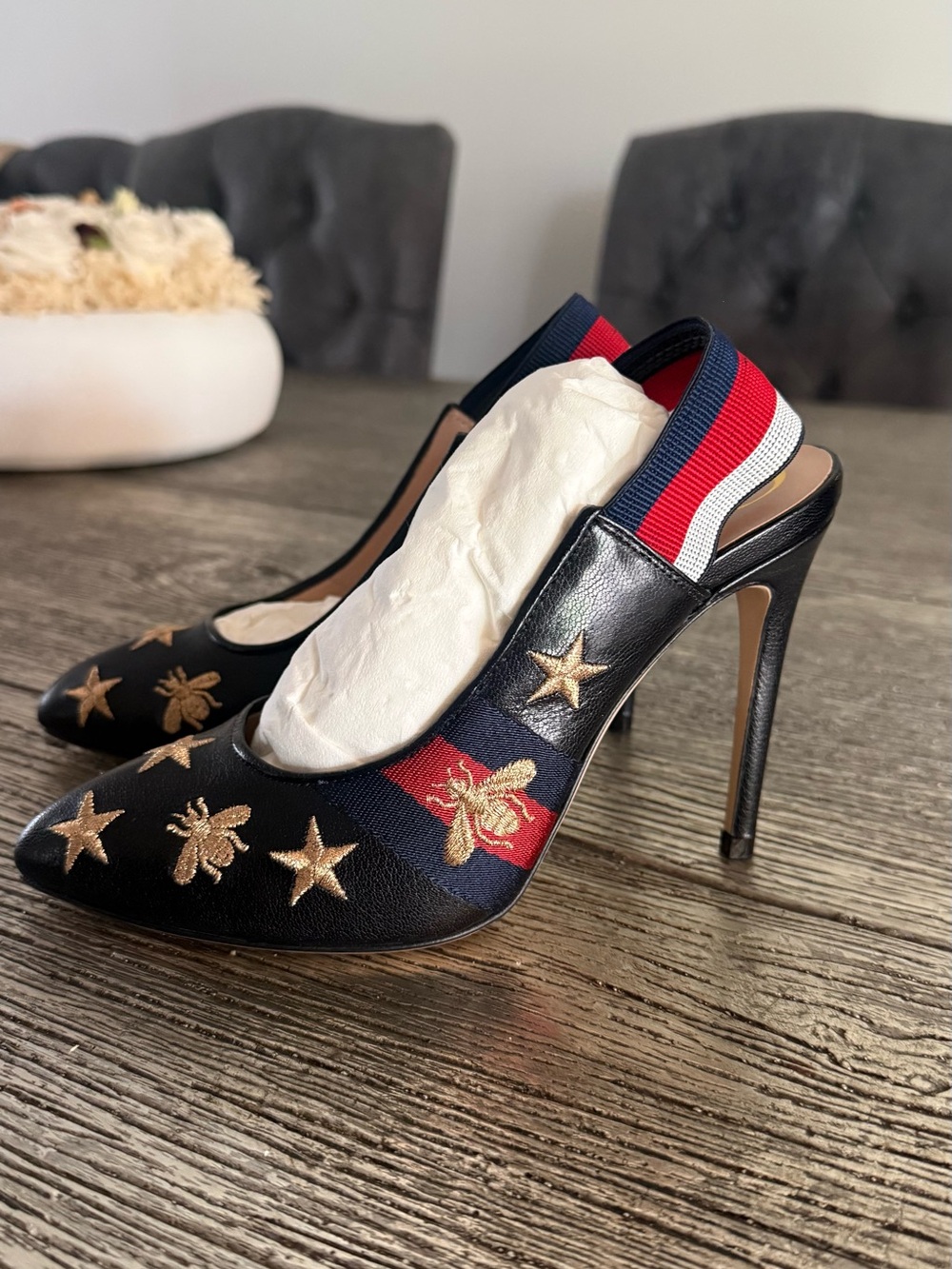Gucci Black Embroidered Star & Bee High Heel Slingbacks